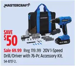 Canadian Tire Mastercraft 20V 1-Speed Drill/Driver with 76-Pc Accessory Kit offer