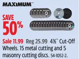 Canadian Tire Maximum 4 1⁄2˝ Cut-Off Wheels. 15 metal cutting and 5 masonry cutting discs offer
