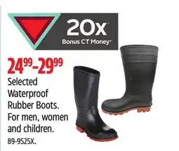 Canadian Tire Selected Waterproof Rubber Boots. For men, women and children offer