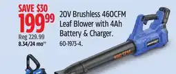 Canadian Tire Mastercraft 20V Brushless 460CFM Leaf Blower with 4Ah Battery & Charger offer