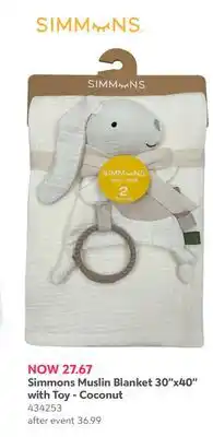 Babies 'R' Us Simmons Muslin Blanket 30x40 with Toy - Coconut offer