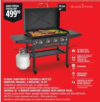 Canadian Tire BLACKSTONE ORIGINAL 36˝ 4-BURNER OMNIVORE GRIDDLE WITH HINGED HOOD offer