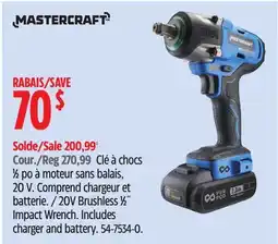 Canadian Tire Mastercraft 20V Brushless 1⁄2˝ Impact Wrench. Includes charger and battery offer