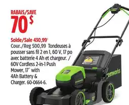 Canadian Tire 60V cordless 2-in-1 Push Mower, 17' with 4Ah Battery $ Charger offer