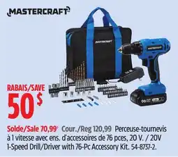 Canadian Tire Mastercraft 20V 1-Speed Drill/Driver with 76-Pc Accessory Kit offer