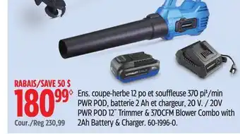 Canadian Tire MASTERCRAFT 20V PWR POD 12 Trimmer & 370CFM Blower Combo With 2Ah Battery & Charger offer