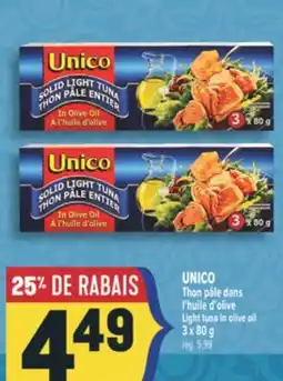 Marché Adonis UNICO THON PÂLE DANS L'HUILE D'OLIVE | LIGHT TUNA IN OLIVE OIL offer