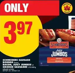No Frills Schneiders sausage rounds frozen, bacon, juicy jumbos or smoked sausages offer