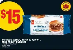 No Frills PC blue menu, thick & juicy or free from burgers offer