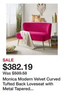 Bed Bath & Beyond Monica Modern Velvet Curved Tufted Back Loveseat with Metal Tapered Legs by HULALA HOME offer