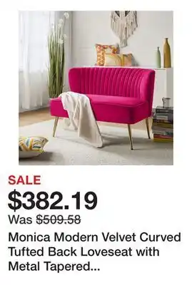Bed Bath & Beyond Monica Modern Velvet Curved Tufted Back Loveseat with Metal Tapered Legs by HULALA HOME offer