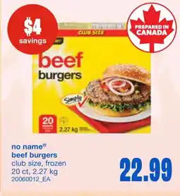 Wholesale Club BEEF BURGERS, 20 CT, 2.27 KG offer