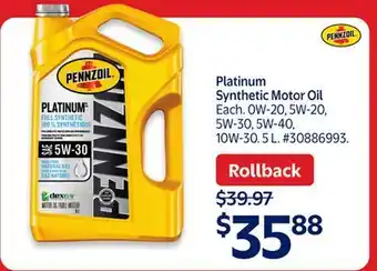 Walmart Pennzoil Platinum Synthetic Motor Oil offer