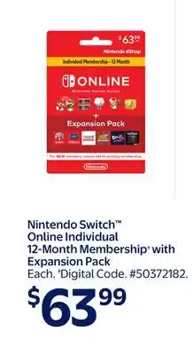 Walmart Nintendo Switch Online Individual 12-Month Membership with Expansion Pack offer