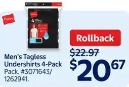 Walmart Men's Tagless Undershirts 4-Pack offer
