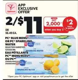 Independent Grocer PC BLUE MENU OR PC SPARKLING WATER, 12X355 ML offer
