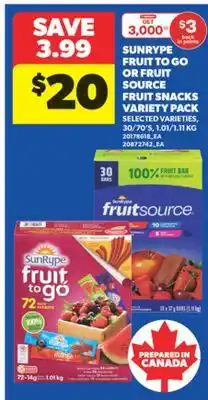 Real Canadian Superstore SUNRYPE FRUIT TO GO OR FRUIT SOURCE FRUIT SNACKS VARIETY PACK, 30/70' S, 1.01/1.11 KG offer