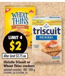 Fortinos CHRISTIE TRISCUIT OR WHEAT THINS CRACKERS, 180 - 200 G offer