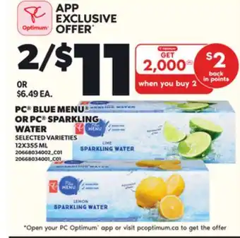 Loblaws PC BLUE MENU OR PC SPARKLING WATER offer