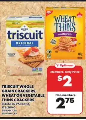 Loblaws TRISCUIT WHOLE GRAIN CRACKERS, WHEAT OR VEGETABLE THINS CRACKERS, 175-200G offer