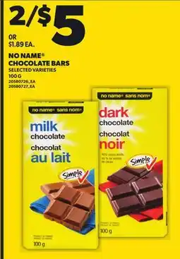 Loblaws NO NAME CHOCOLATE BARS, 100 G offer