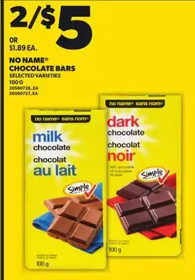 Loblaws NO NAME CHOCOLATE BARS, 100 G offer