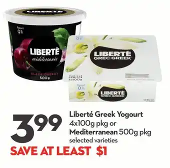 Longo's Liberté Greek Yogourt 4x100g pkg or Mediterranean 500g pkg offer