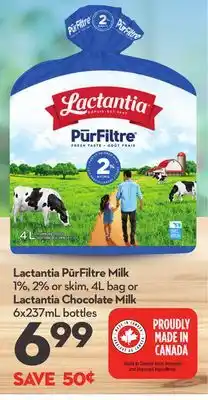 Longo's Lactantia PūrFiltre Milk 1%, 2% or skim, 4L bag or Lactantia Chocolate Milk 6x237mL bottles offer