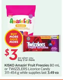 Sobeys KISKO Amazin' Fruit Freezies 80 mL or TWIZZLERS Candy Licorice 311 454 g offer