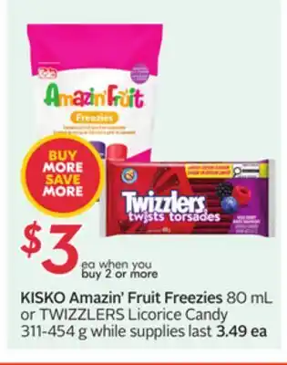 Sobeys KISKO Amazin' Fruit Freezies 80 mL or TWIZZLERS Candy Licorice 311 454 g offer