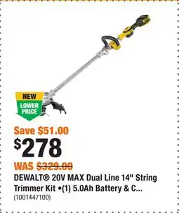 Home Depot DEWALT 20V MAX Dual Line 14 String Trimmer Kit •(1) 5.0Ah Battery & Charger offer