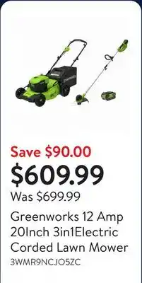 Walmart Greenworks 12 Amp 20Inch 3in1Electric Corded Lawn Mower offer