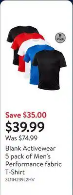 Walmart Blank Activewear 5 pack of Men's Performance fabric T-Shirt offer