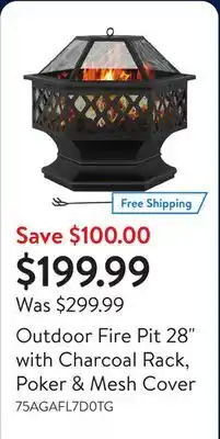 Walmart Outdoor Fire Pit 28 with Charcoal Rack, Poker & Mesh Cover offer