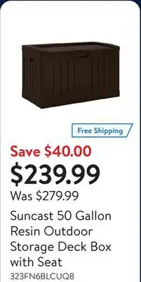 Walmart Suncast 50 Gallon Resin Outdoor Storage Deck Box with Seat offer