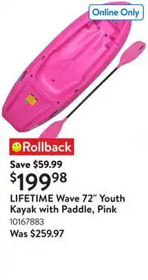 Walmart LIFETIME Wave 72 Youth Kayak with Paddle, Pink offer