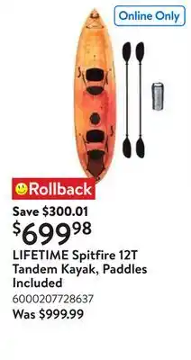 Walmart LIFETIME Spitfire 12T Tandem Kayak, Paddles Included offer