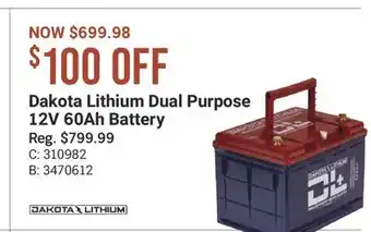 Cabela's Dakota Lithium Dual Purpose 12V 60Ah Battery offer
