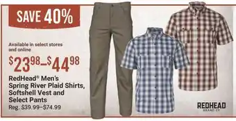 Cabela's RedHead Men's Spring River Plaid Shirts, Softshell Vest and Select Pants offer