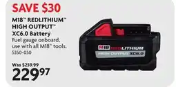 Home Hardware MILWAUKEE M18 18V Lithium-Ion High Output Compact 6.0 Ah Redlithium Battery offer