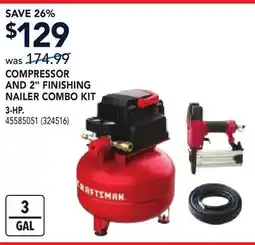 RONA CRAFTSMAN COMPRESSOR AND 2 FINISHING NAILER COMBO KIT 3-HP offer