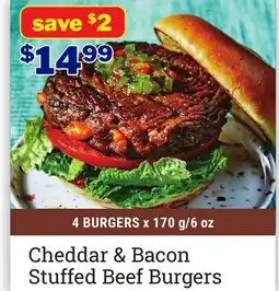 M & M Food Market Cheddar & bacon stuffed beef burgers offer