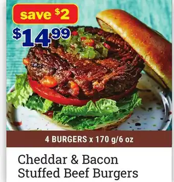 M & M Food Market Cheddar & bacon stuffed beef burgers offer
