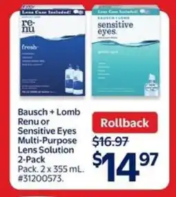Walmart Bausch + Lomb Renu or Sensitive Eyes Multi-Purpose Lens Solution 2-Pack offer