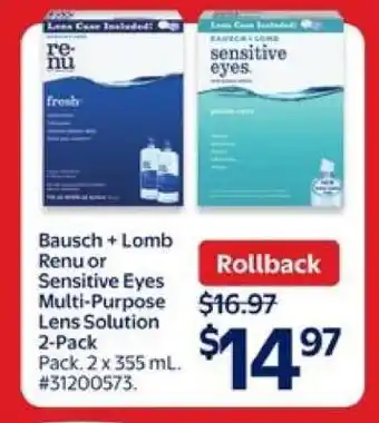 Walmart Bausch + Lomb Renu or Sensitive Eyes Multi-Purpose Lens Solution 2-Pack offer