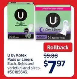 Walmart U by Kotex Pads or Liners offer