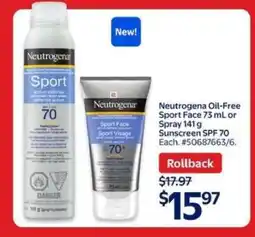 Walmart Neutrogena Oil-Free Sport Face or Spray Sunscreen SPF 70 offer