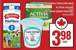 Food Basics Lactantia PurFiltre Milk, Activia Yogurt, Two Good Greek Yogurt offer