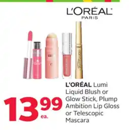 Rexall L'ORÉAL Lumi Liquid Blush or Glow Stick, Plump Ambition Lip Gloss or Telescopic Mascara offer