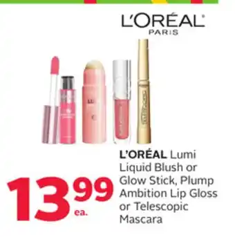 Rexall L'ORÉAL Lumi Liquid Blush or Glow Stick, Plump Ambition Lip Gloss or Telescopic Mascara offer